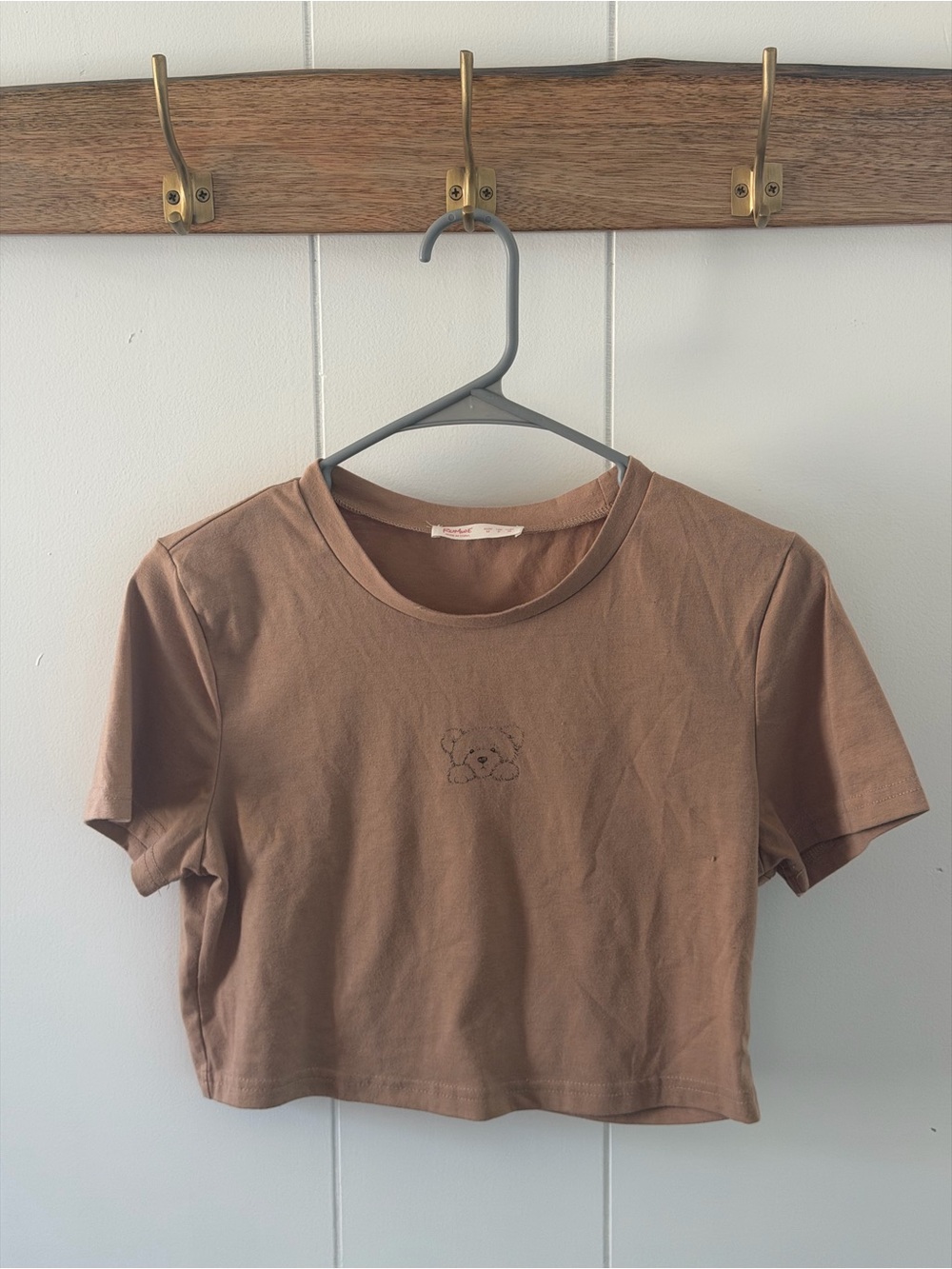 Women's Cropped Brown Tee with Embroidered Bear